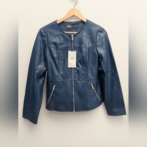 Zara Women's Navy Faux Leather Peplum Jacket